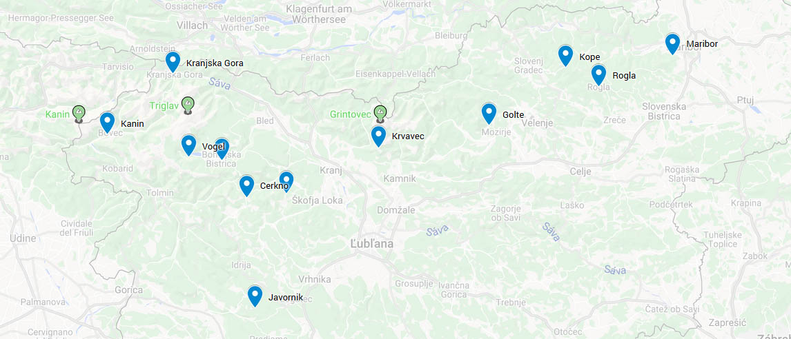 mapa slovinsko lyžovanie