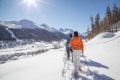 Turisti s pali�kami kr��aj� snehom nad �dol�m so z�stavbou a zasne�en�mi horami