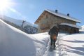 Turisti na sne�niciach s palicami st�paj� snehom ku kamennej chate